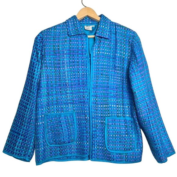 Norm Thompson Basket Weave 100% Silk Jacket Blazer Size M Blue Teal Ribbon VTG - Picture 1 of 6
